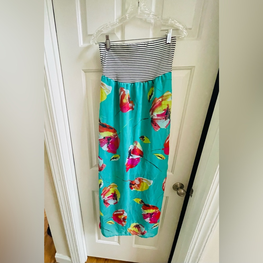 Xhilaration Strapless Multicolored Striped And Flowered Maxi Dress